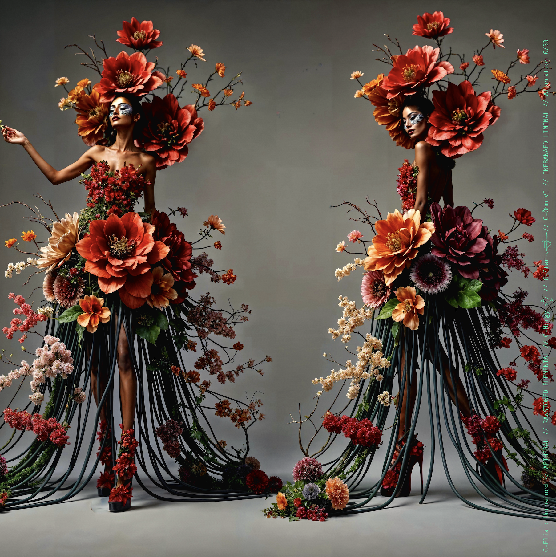 Surreal haute meta couture NFT silhouette from C-Elia: Unchained, Ikebanaed Liminal collection, inspired by floral architecture and Japanese composition, merging nature, geometry and serenity into a living couture sculpture.
