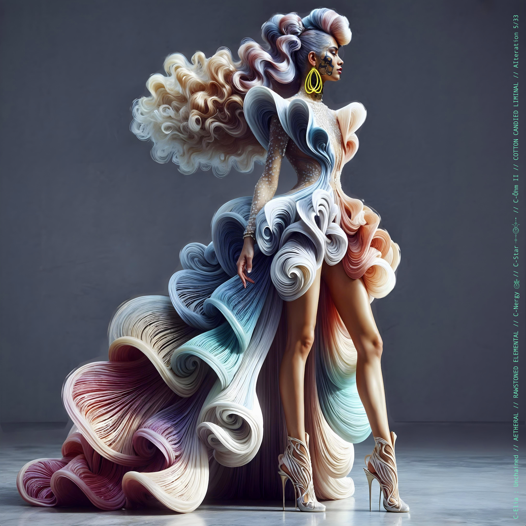 Surreal haute meta couture NFT silhouette from C Elia: Unchained, Cotton Candied Liminal collection, inspired by pastel cotton candy clouds and Khmer gold tattoos, merging sweetness, rebellion and couture into a living vaporous sculpture.