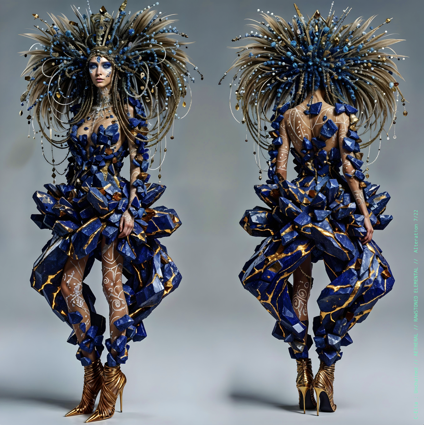 Surreal haute meta couture NFT silhouette from C Elia Unchained, Rawstoned Elemental collection, merging precious-stone hairstyles, raw mineral strata, lapis lazuli fractures and the tectonic elegance of avant garde couture.