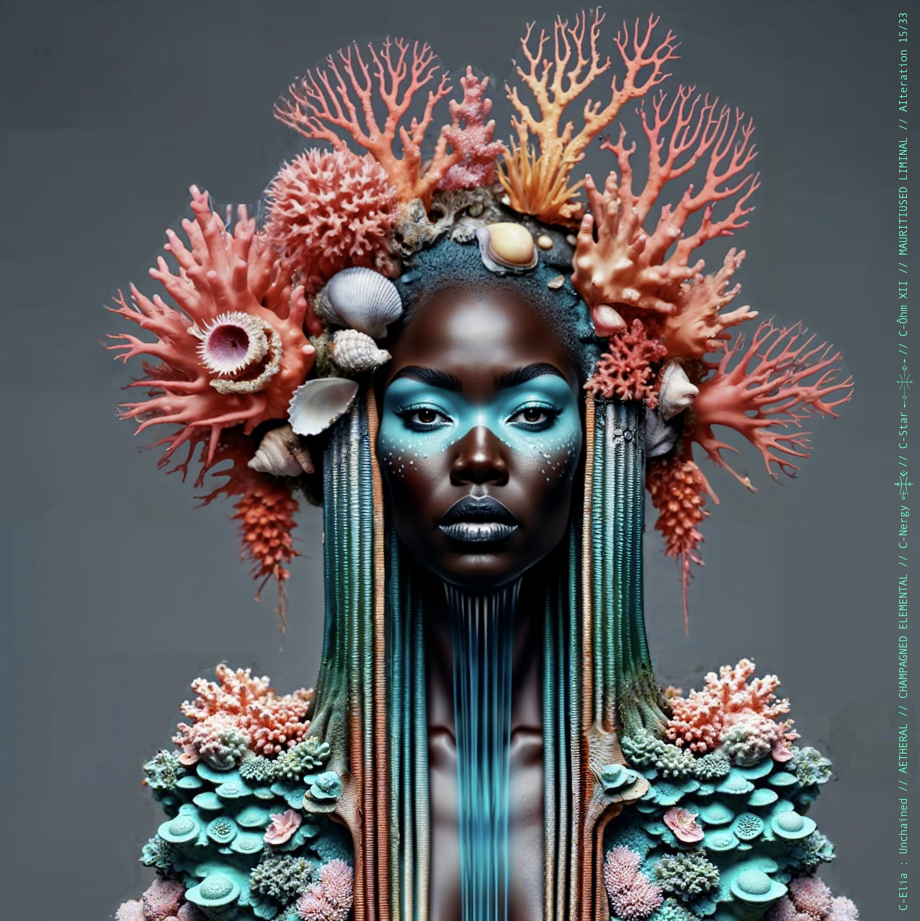 Surreal haute meta couture NFT silhouette from C-Elia: Unchained, Mauritiused Liminal collection, inspired by coral reefs and marine architecture, merging water, light and couture into a floating living sculpture