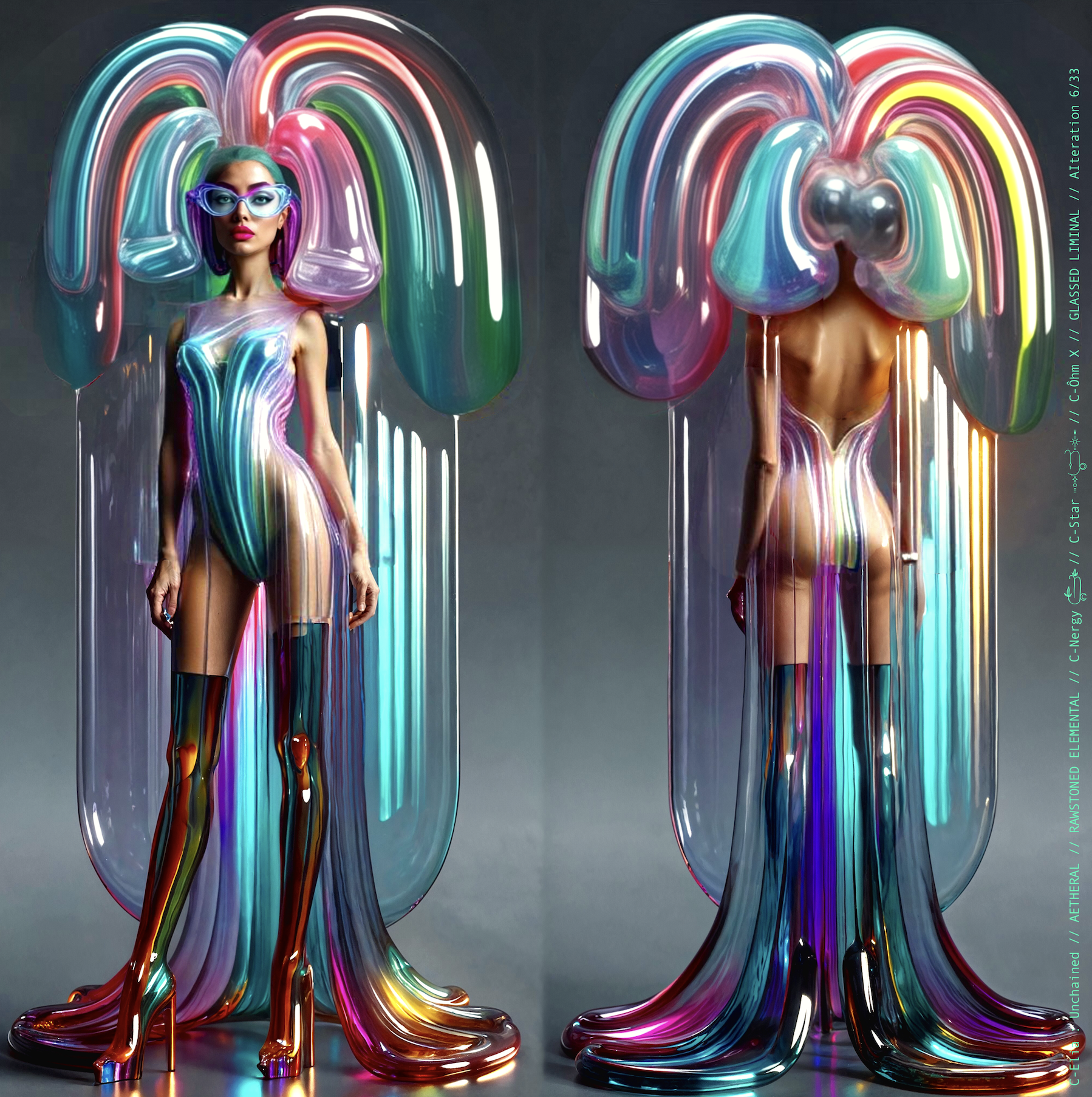 Surreal haute meta couture NFT silhouette from C-Elia: Unchained, Glassed Liminal collection, inspired by blown glass and molten light, merging fragility, transparency and grandeur into an avant garde architectural couture sculpture.