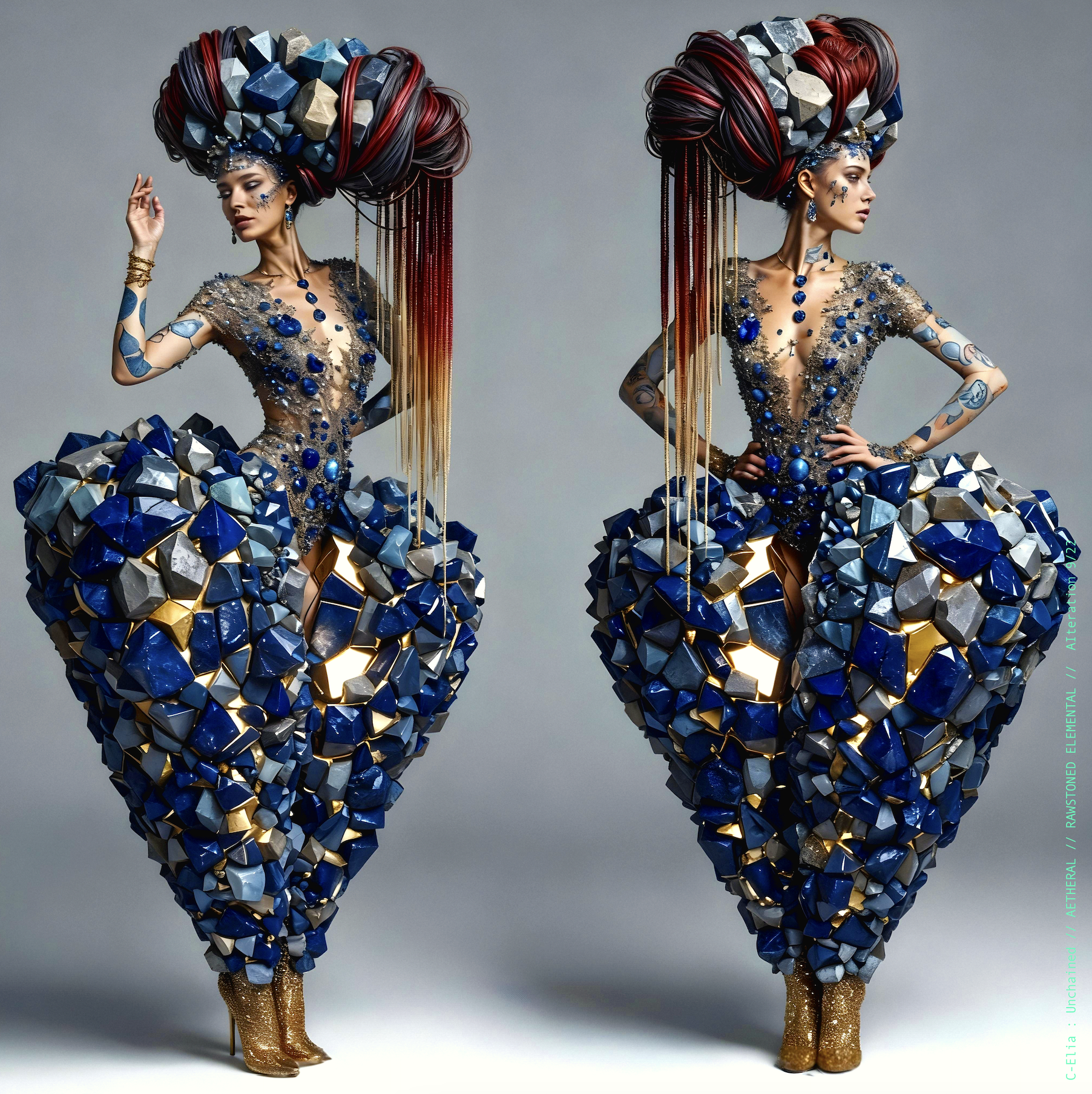 Surreal haute meta couture NFT silhouette from C Elia Unchained, Rawstoned Elemental collection, merging precious-stone hairstyles, raw mineral strata, lapis lazuli fractures and the tectonic elegance of avant garde couture.