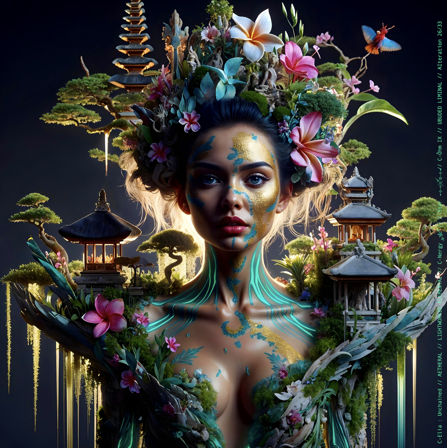 Surreal haute meta couture NFT silhouette from C Elia Unchained, Ubuded Liminal collection, merging tropical Balinese garden architecture, volcanic stone, drifting petals, incense smoke and sacred botanical couture inspired by Asian Dub Foundation’s “Witness.”