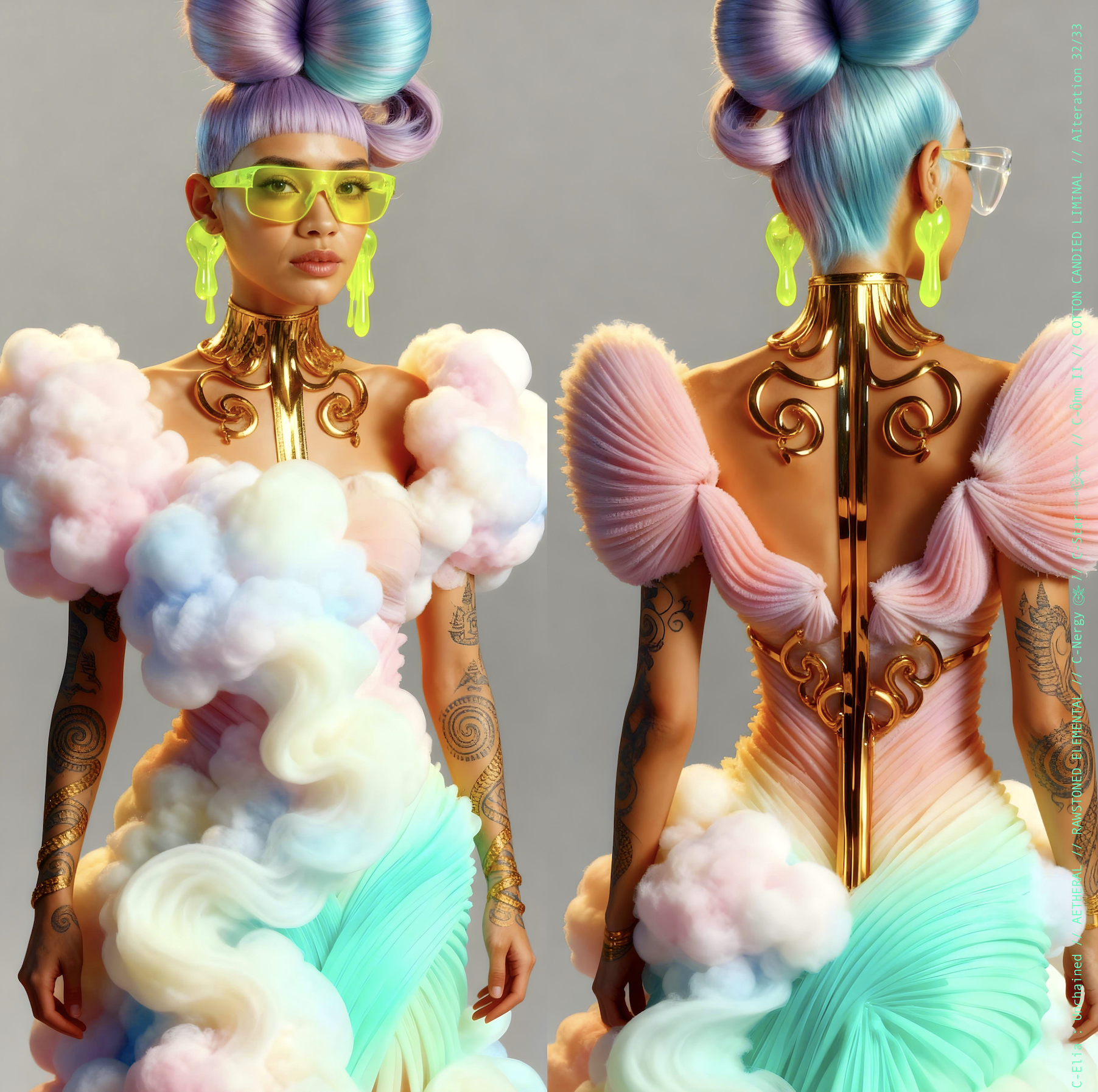 Surreal haute meta couture NFT silhouette from C Elia: Unchained, Cotton Candied Liminal collection, inspired by pastel cotton candy clouds and Khmer gold tattoos, merging sweetness, rebellion and couture into a living vaporous sculpture.