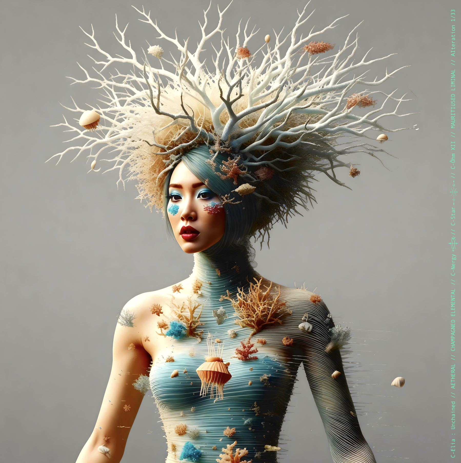 Surreal haute meta couture NFT silhouette from C-Elia: Unchained, Mauritiused Liminal collection, inspired by coral reefs and marine architecture, merging water, light and couture into a floating living sculpture