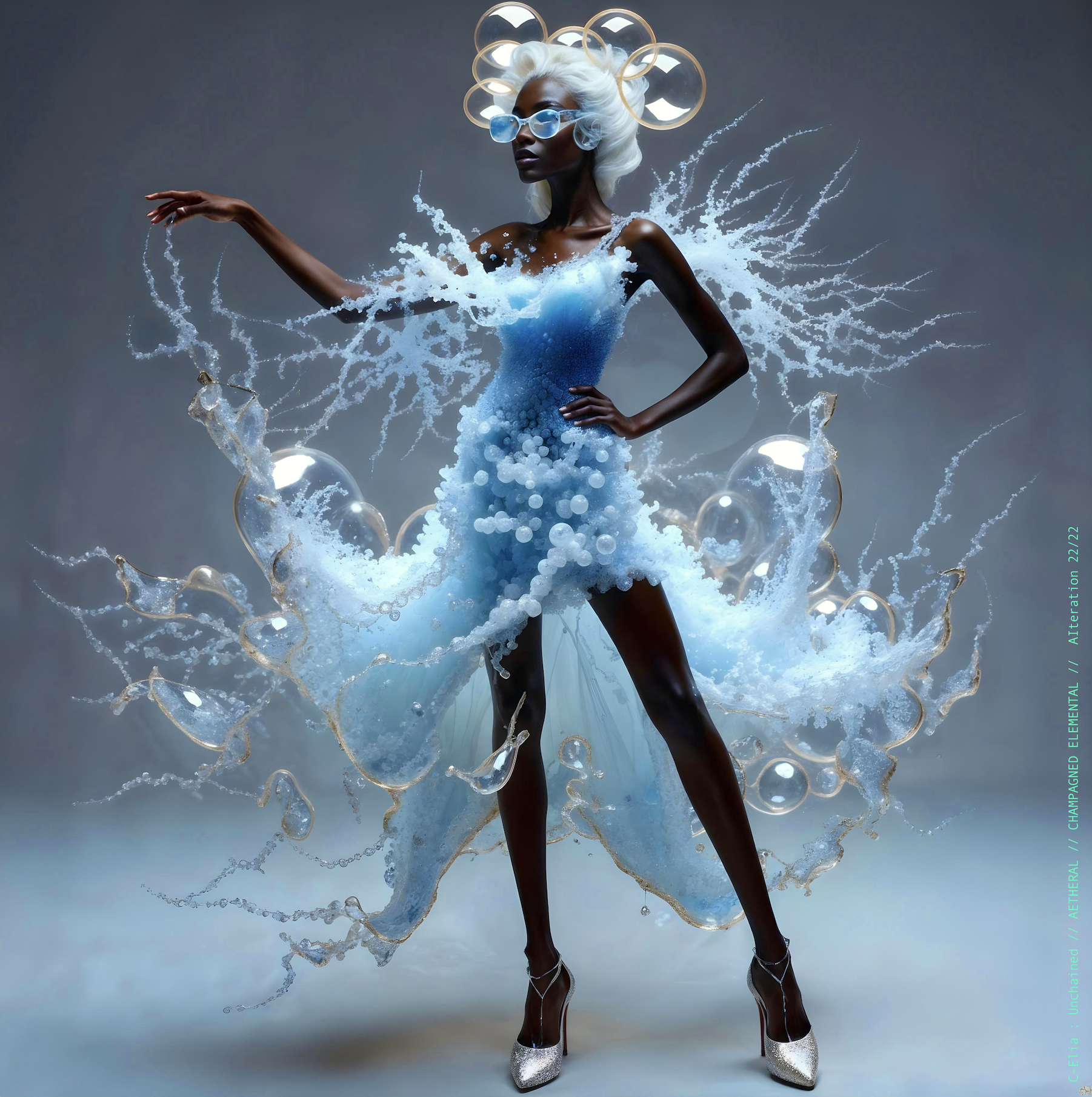 Surreal haute meta couture NFT silhouette from C Elia Unchained, Champagned Elemental collection, formed from transparent champagne bubbles, liquid cascades and retro futuristic white wave hair sculpted into effervescent couture.