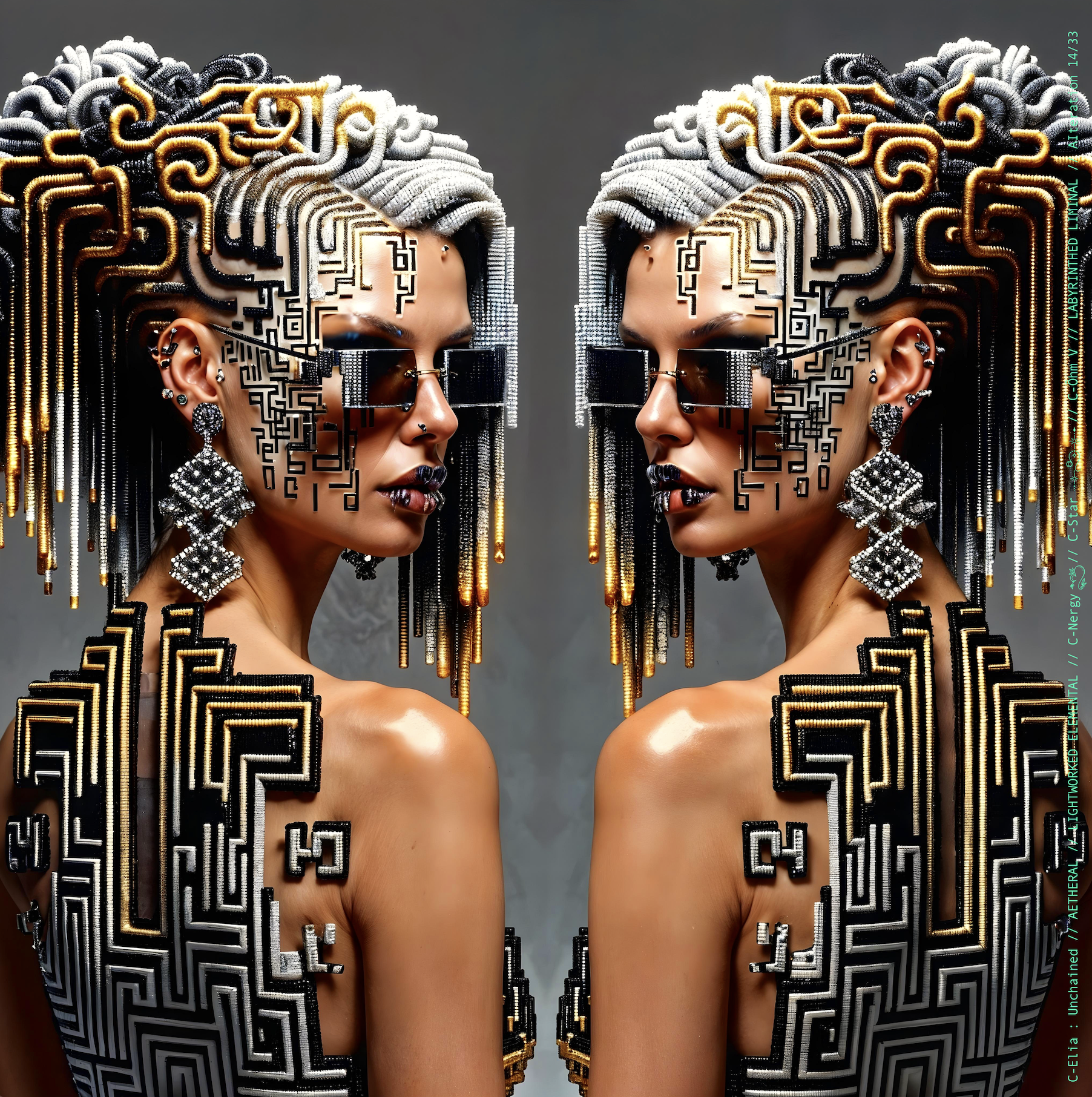 Surreal haute meta couture NFT silhouette from C Elia Unchained, Labyrinthed Liminal collection, inspired by mirrored labyrinth geometry and the chromatic echo of Blue Boy’s “Remember Me,” merging pixel tattoos, gold voxel structures and reflective couture architecture.