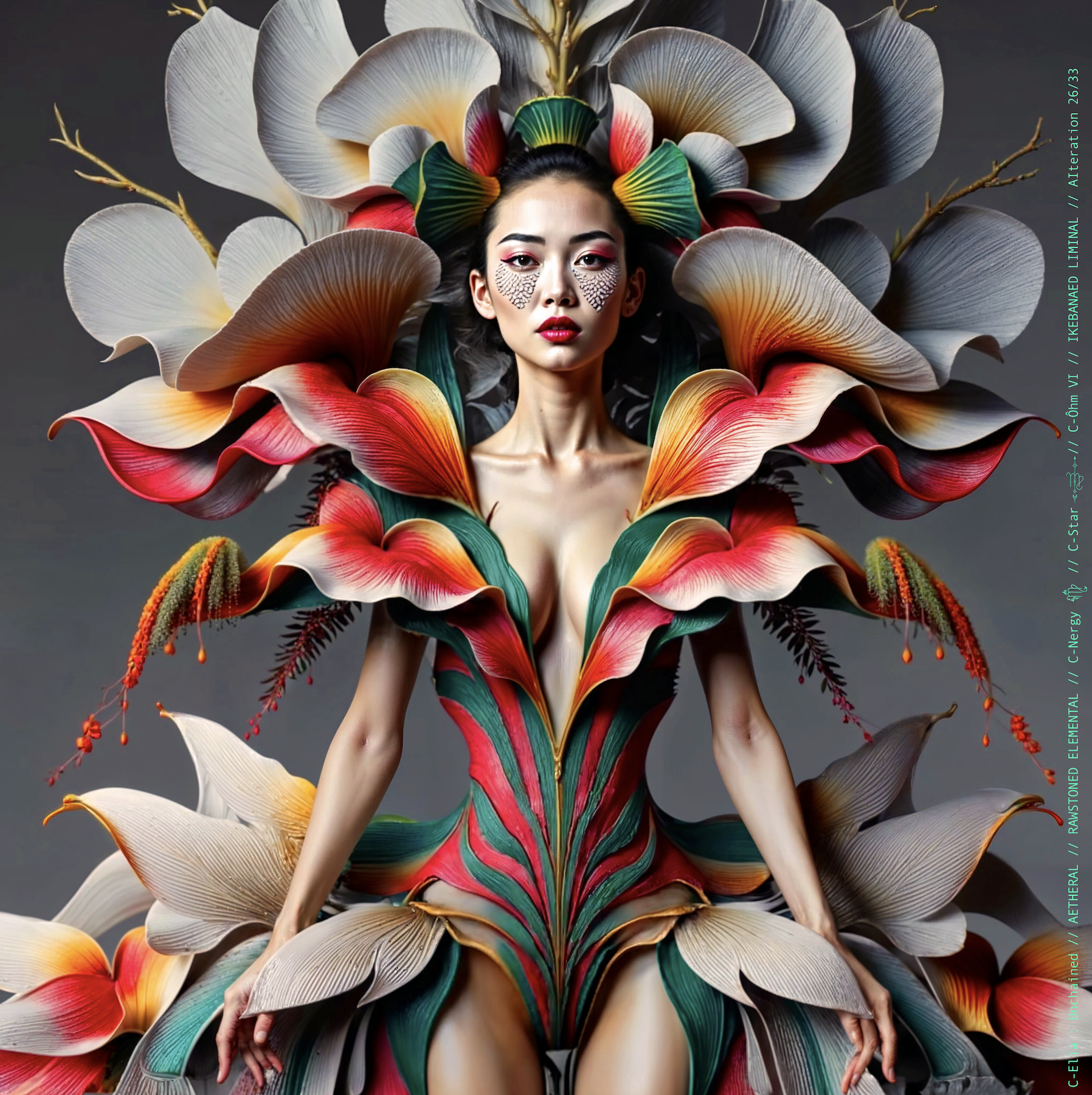 Surreal haute meta couture NFT silhouette from C-Elia: Unchained, Ikebanaed Liminal collection, inspired by floral architecture and Japanese composition, merging nature, geometry and serenity into a living couture sculpture.