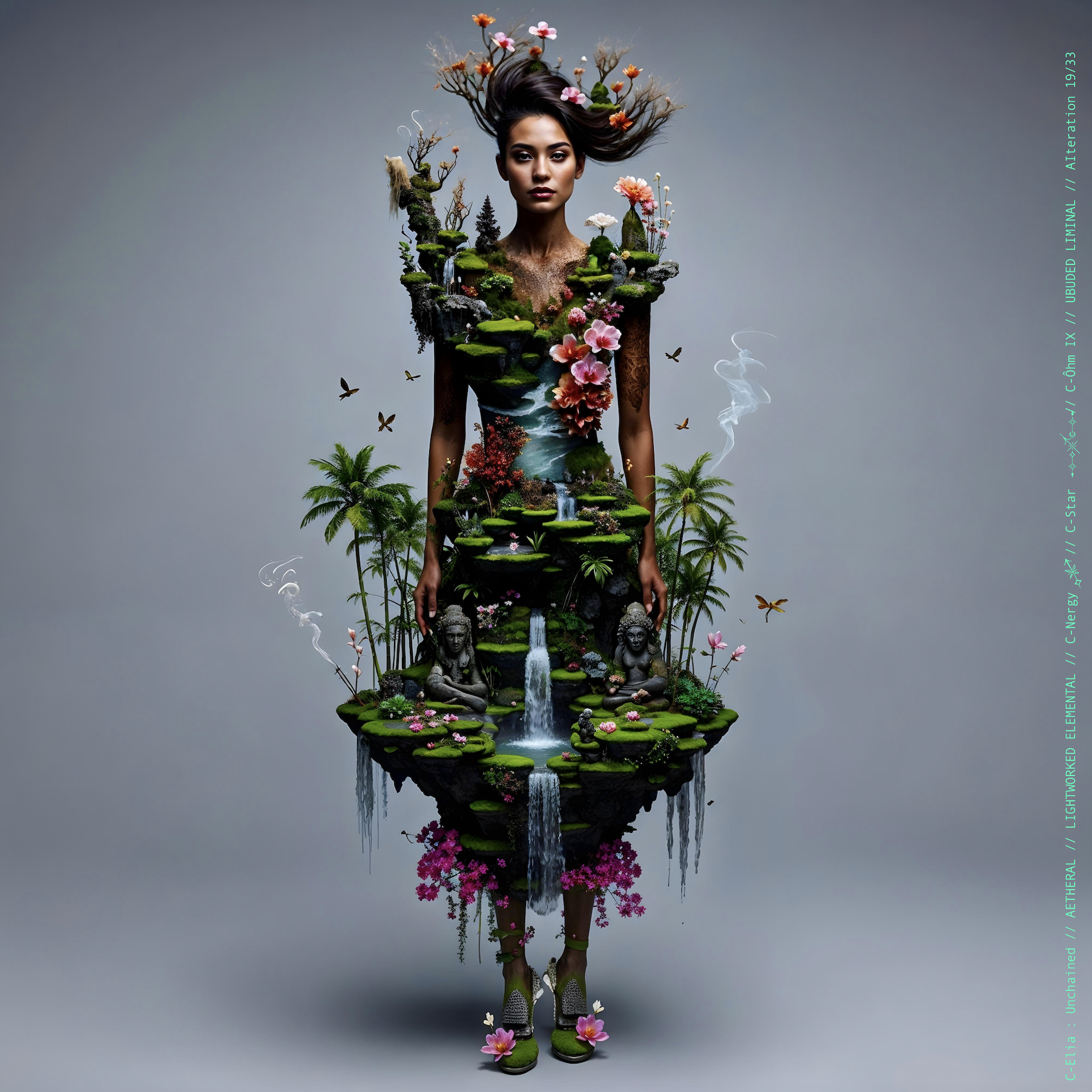 Surreal haute meta couture NFT silhouette from C Elia Unchained, Ubuded Liminal collection, merging tropical Balinese garden architecture, volcanic stone, drifting petals, incense smoke and sacred botanical couture inspired by Asian Dub Foundation’s “Witness.”