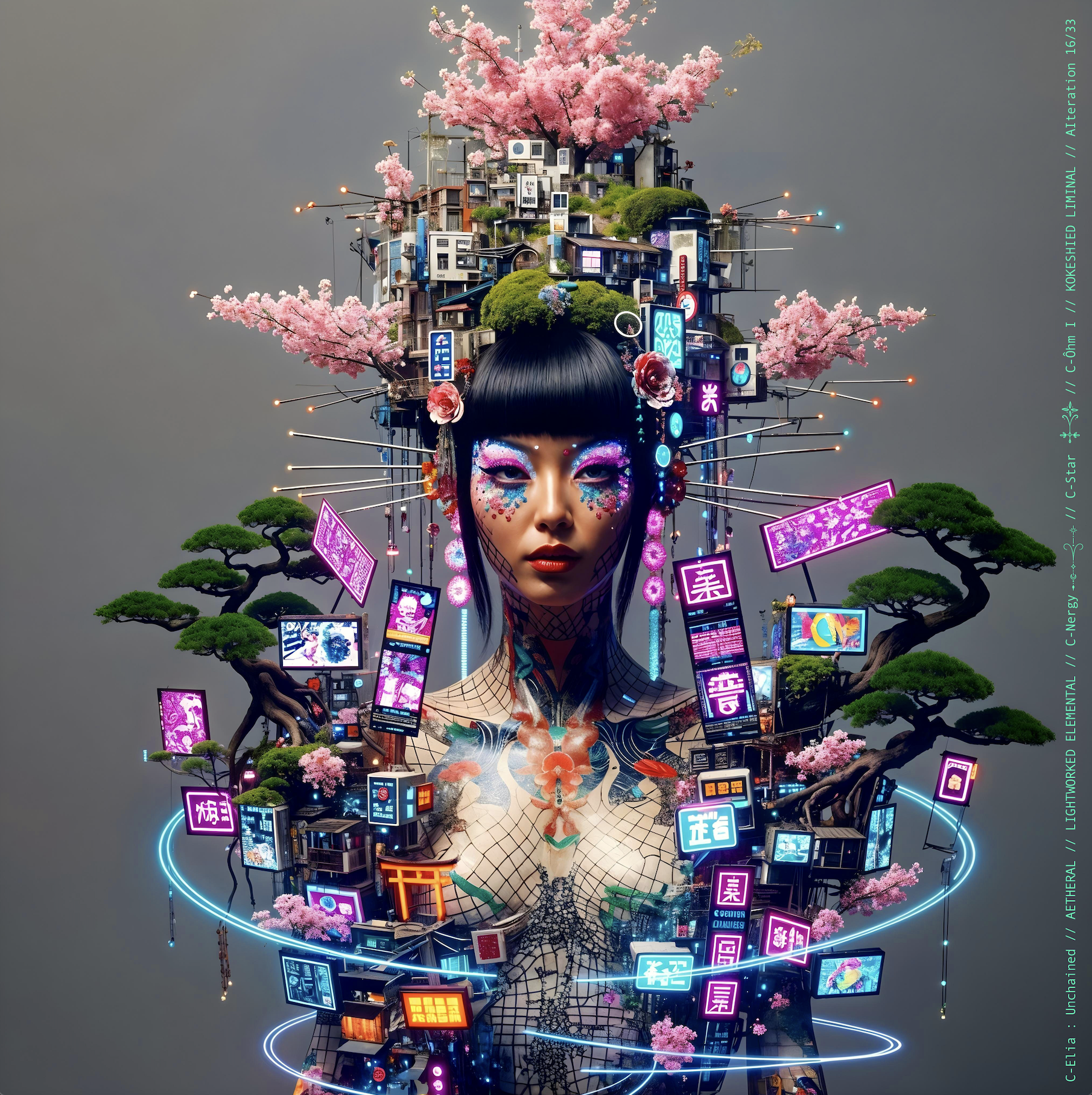 Surreal haute meta couture NFT silhouette from C-Elia: Unchained, Kokeshied Liminal, a fusion of Kyoto serenity and Shibuya light embodied in a living digital shrine.