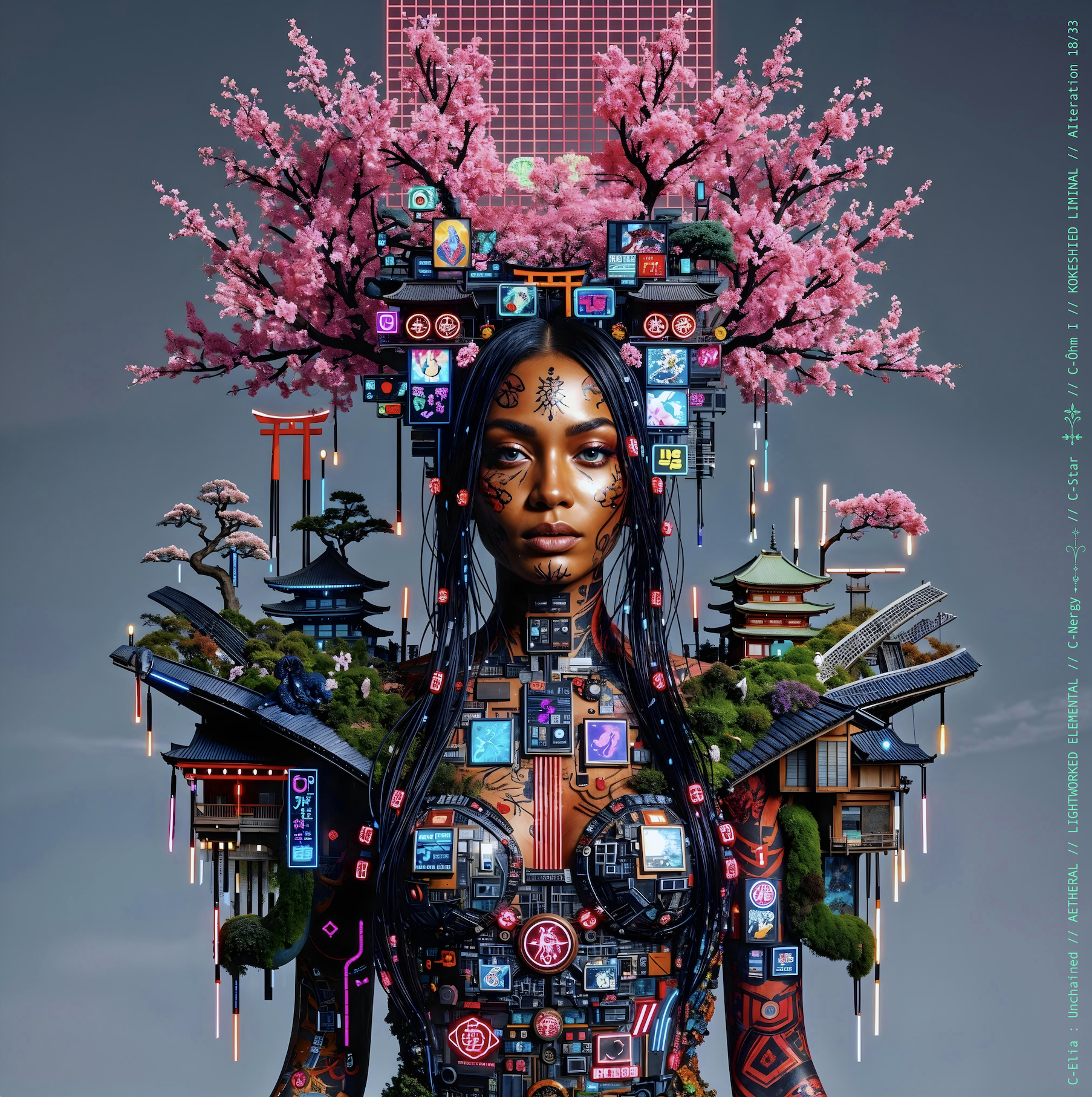 Surreal haute meta couture NFT silhouette from C-Elia: Unchained, Kokeshied Liminal, a fusion of Kyoto serenity and Shibuya light embodied in a living digital shrine.