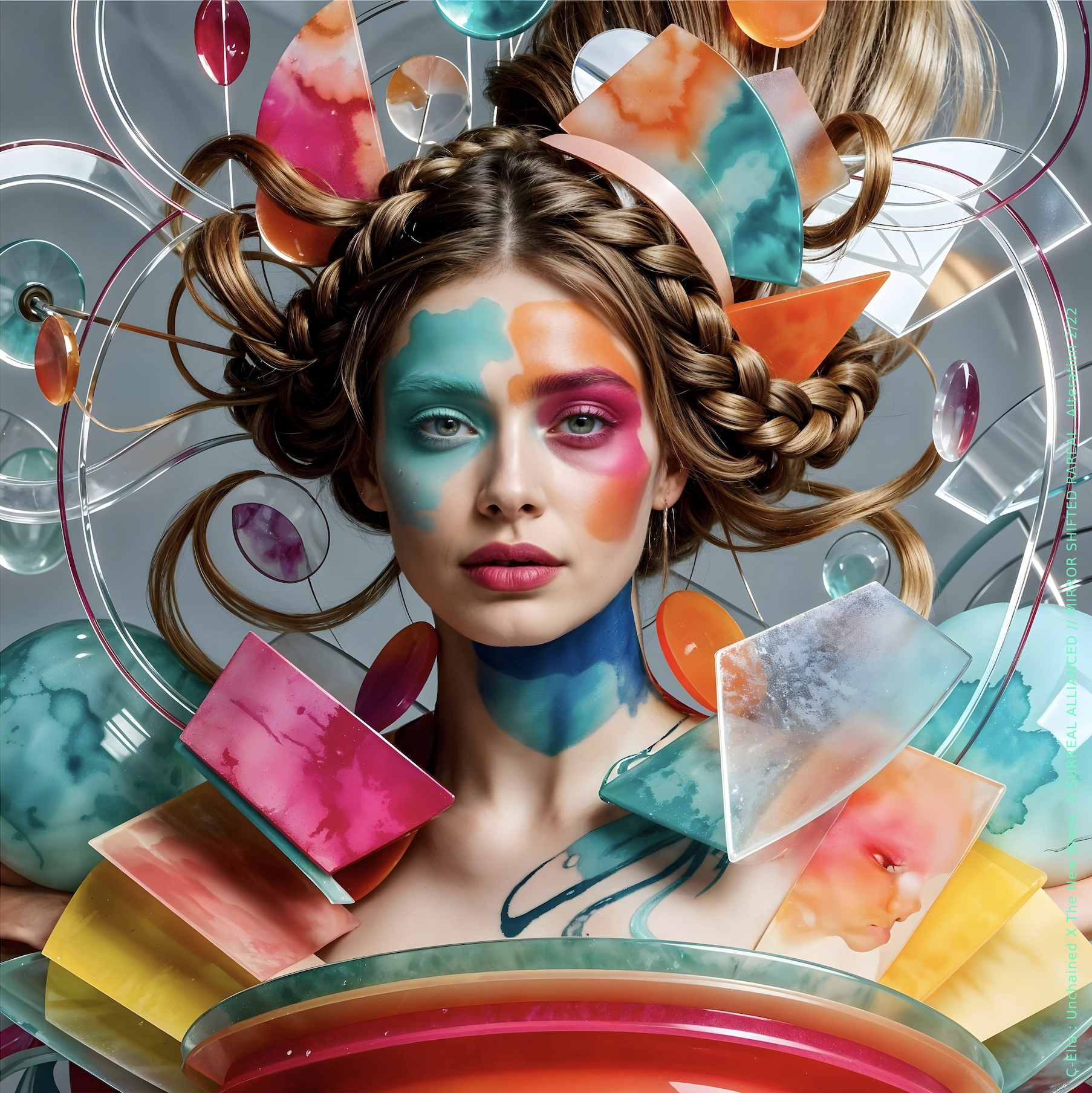 Surreal haute meta couture NFT silhouette from C-Elia: Unchained, Thenewblacked Allianced Liminal, created in collaboration with tThe New Black, merging resin, glass, acrylic and light into a living prism of translucent geometry.