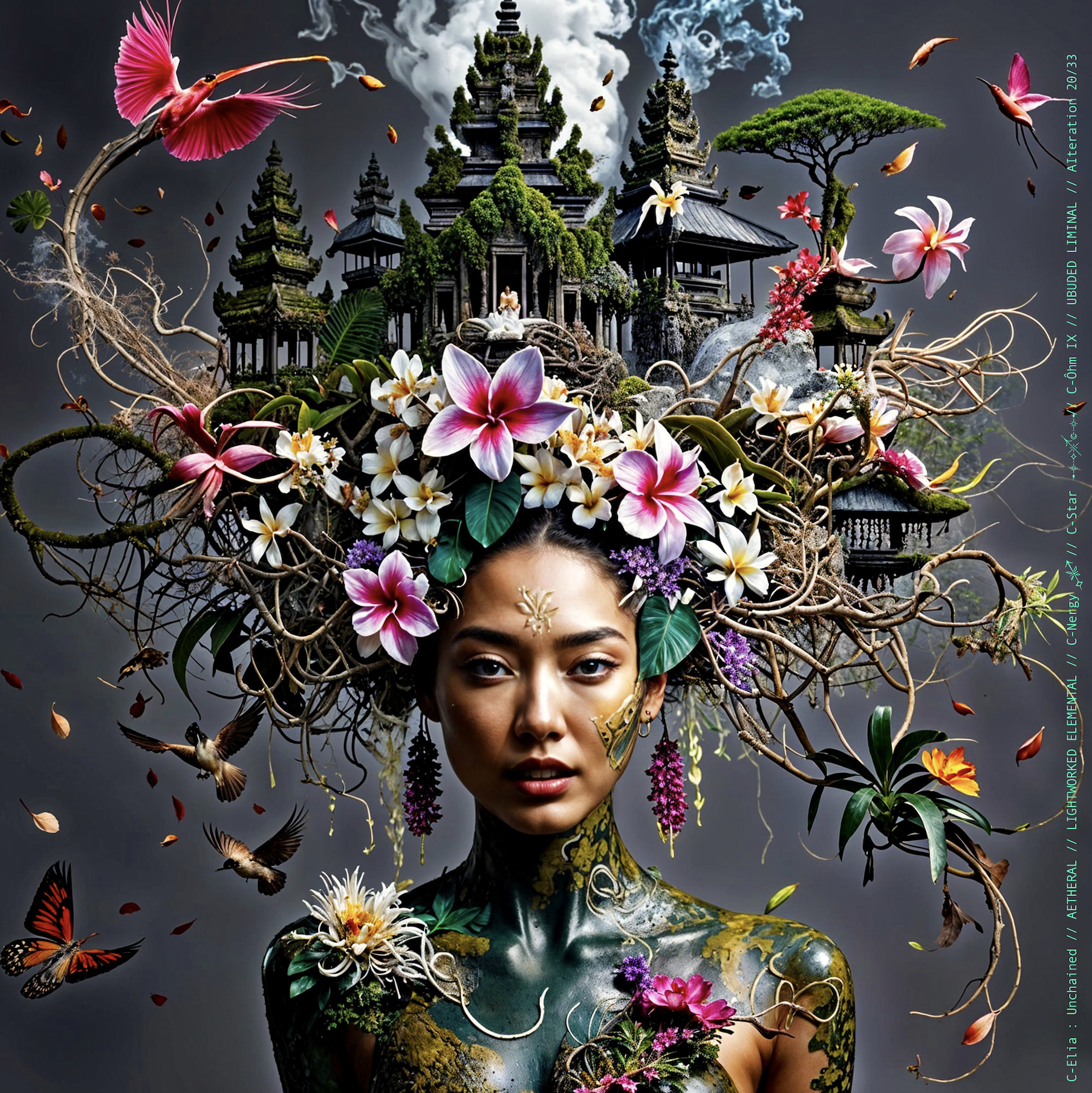 Surreal haute meta couture NFT silhouette from C Elia Unchained, Ubuded Liminal collection, merging tropical Balinese garden architecture, volcanic stone, drifting petals, incense smoke and sacred botanical couture inspired by Asian Dub Foundation’s “Witness.”
