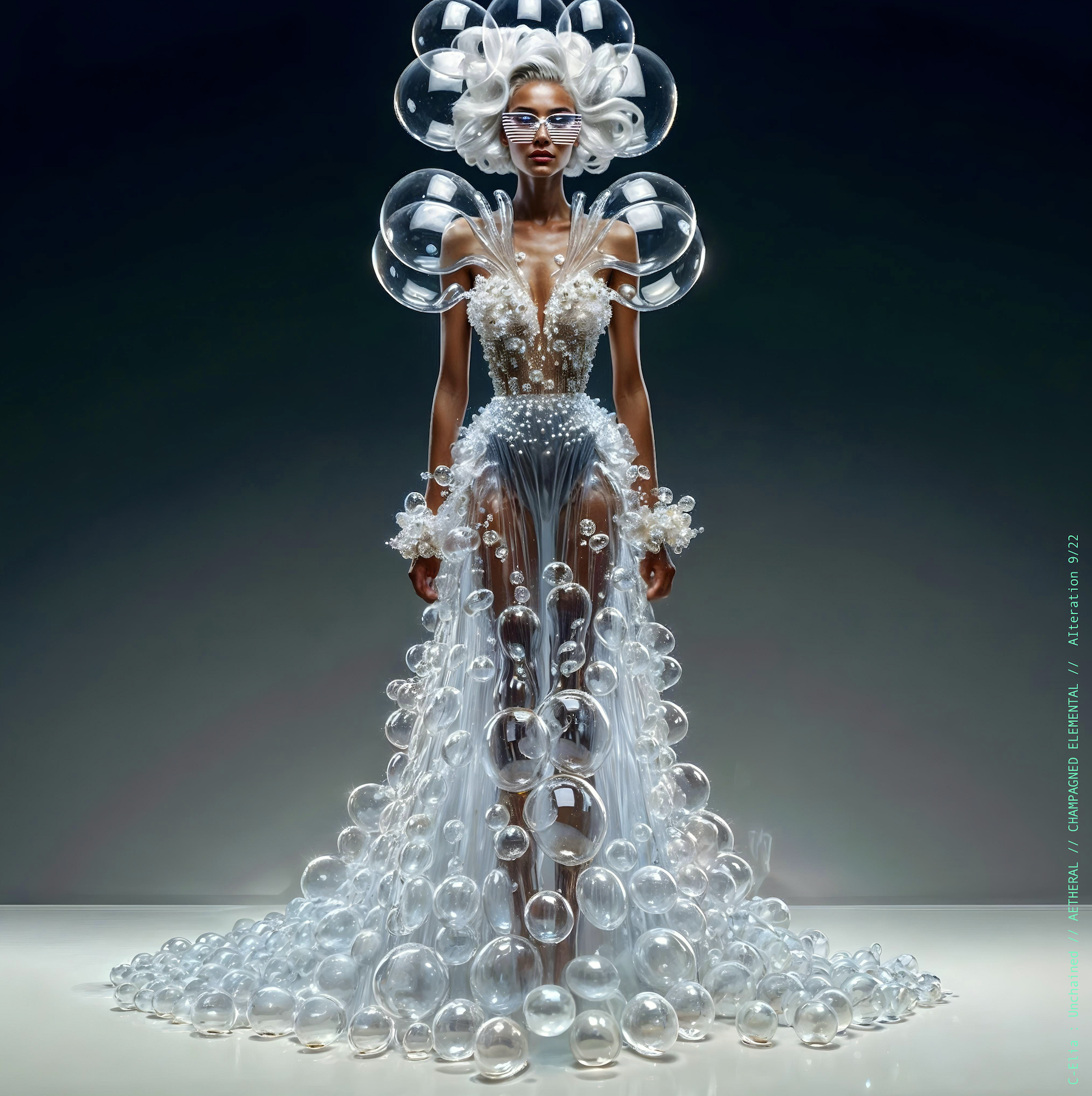 Surreal haute meta couture NFT silhouette from C Elia Unchained, Champagned Elemental collection, formed from transparent champagne bubbles, liquid cascades and retro futuristic white wave hair sculpted into effervescent couture.