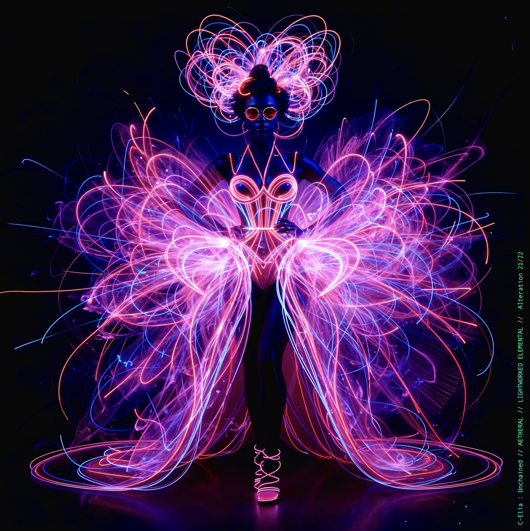 Surreal haute meta couture NFT silhouette from C-Elia: Unchained, Lightworked Elemental collection, a luminous architectural form sketched entirely in neon-painted lines and glowing contours, blending avant-garde light geometry with ethereal couture energy.