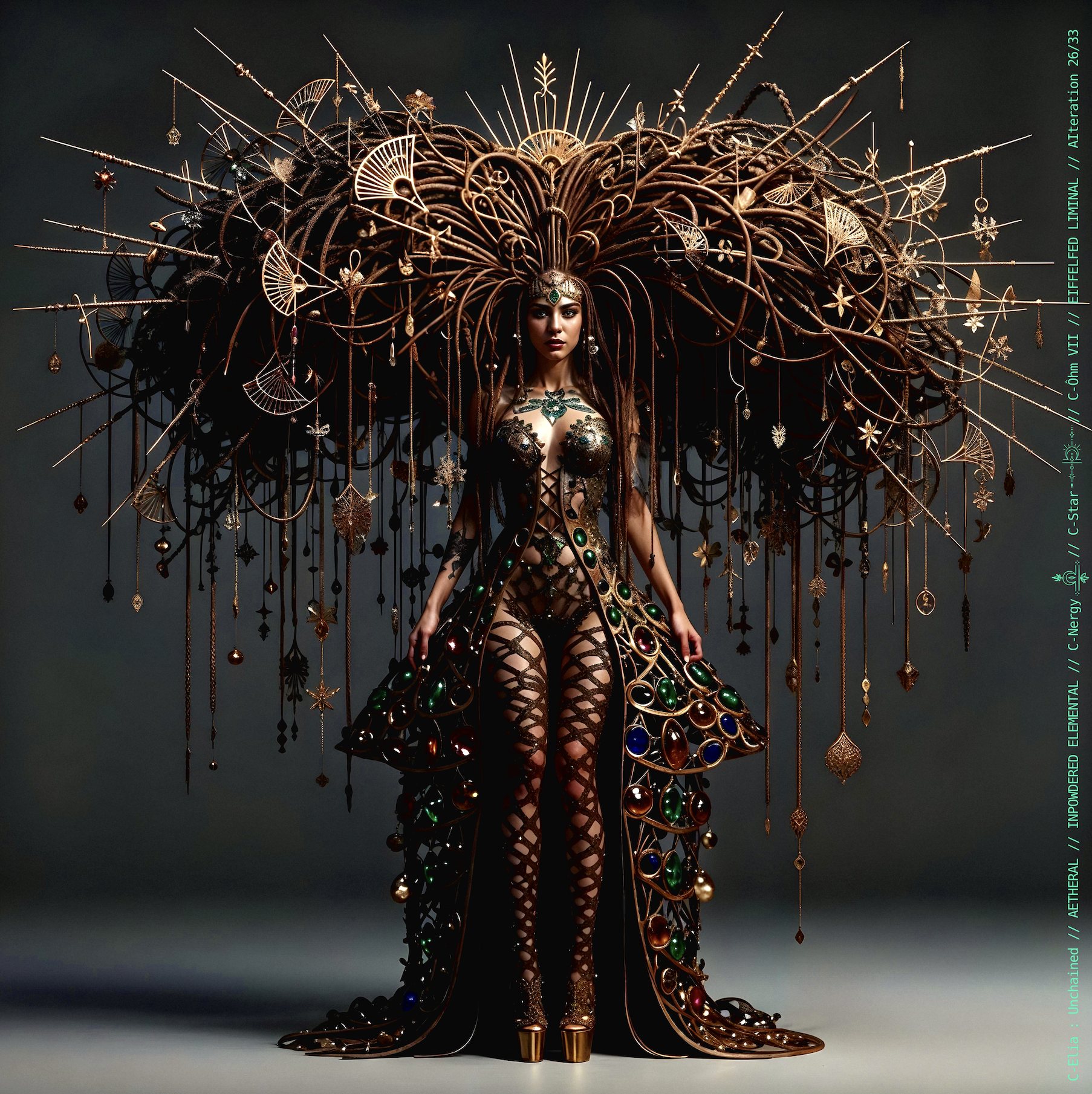 Surreal haute meta couture NFT silhouette from C Elia Unchained, Eiffelfed Liminal collection, merging openwork copper metal, emerald braids, metallic glyph makeup and Parisian architectural couture infused with the atmospheric pulse of Massive Attack and Mad Professor’s “Three.”