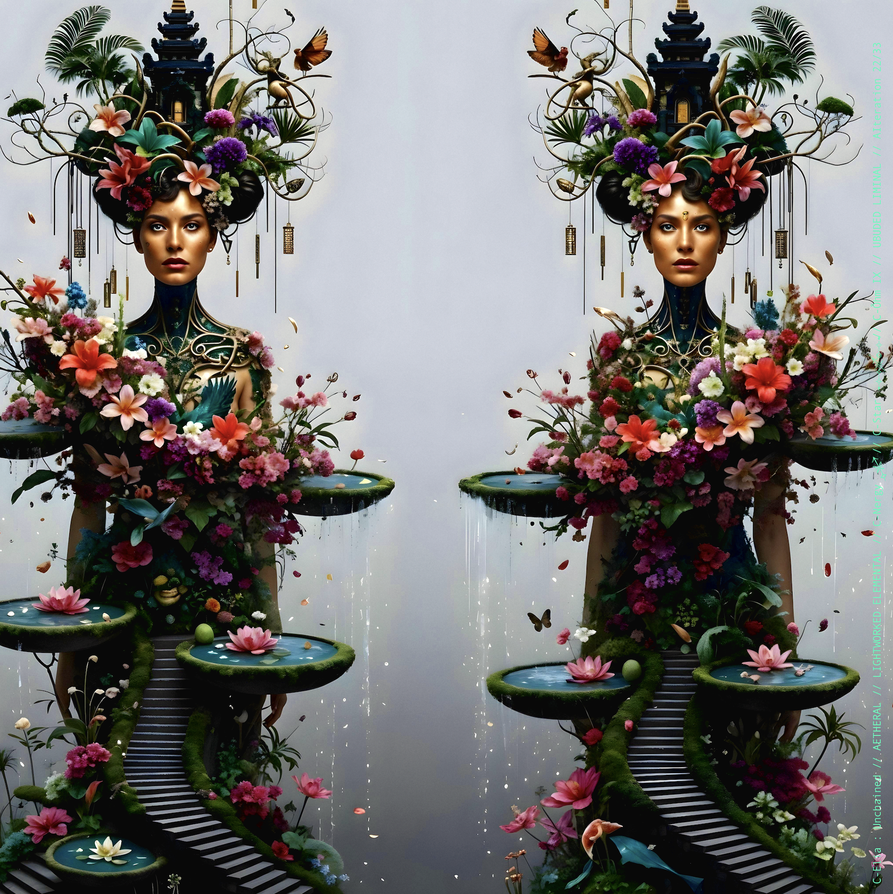 Surreal haute meta couture NFT silhouette from C Elia Unchained, Ubuded Liminal collection, merging tropical Balinese garden architecture, volcanic stone, drifting petals, incense smoke and sacred botanical couture inspired by Asian Dub Foundation’s “Witness.”