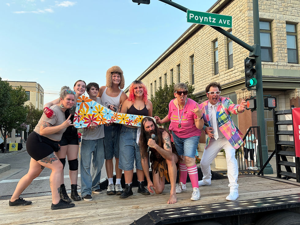 Air Guitar participants gather on stage after the competition in downtown Manhattan.
