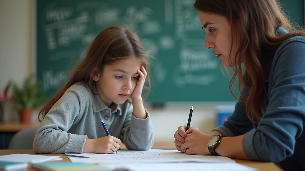 Eye-level view of a student studying math with a tutor