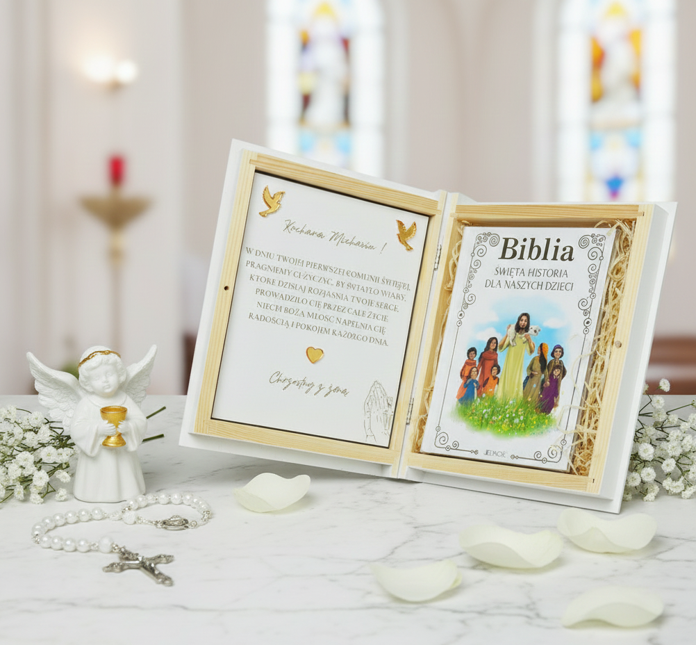Otwarta biblia z ozdobami i tekstem. Drewniana skarbonka komunijna na uroczystość. Sklejkovnia.