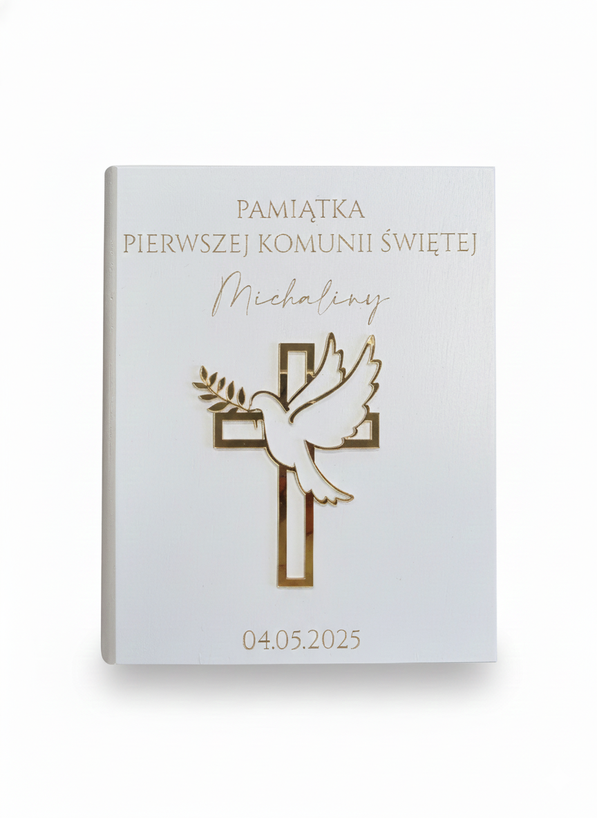 Pamiątka Pierwszej Komunii Świętej, Michał, Drewniana skarbonka komunijna, data 04.05.2025.