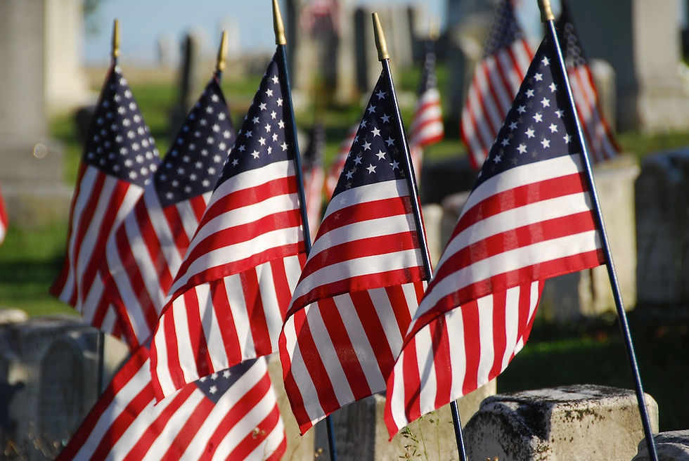 American flags next to grave markers for Memorial Day