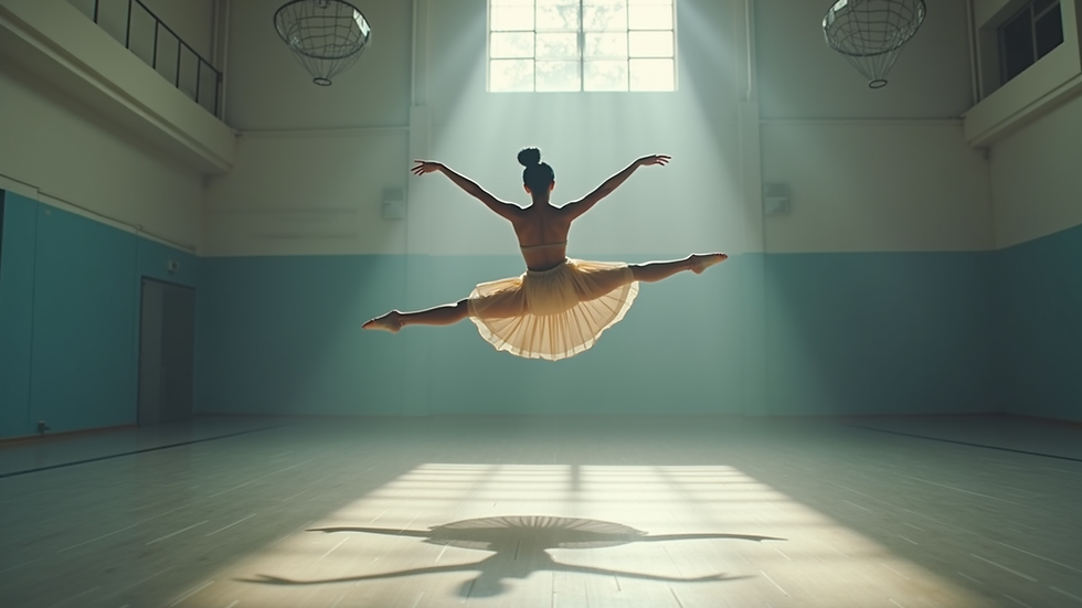 Plano medio de una persona realizando una figura de danza aérea en aro en un gimnasio