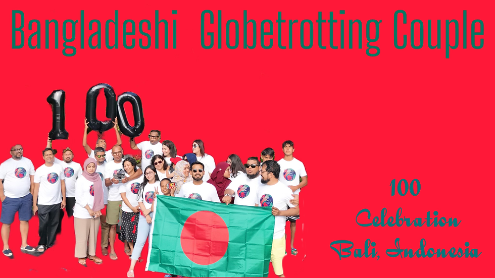 Sarmin and Bahar celebrating their 100th country visit in Bali, Indonesia with childhood friends, holding a Bangladeshi flag and "100" balloons.