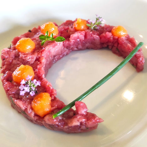Tartare di manzo affumicata a freddo - Papaya - Timo