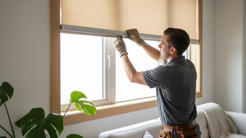 Close-up view of professional installing custom blinds on a Miami window