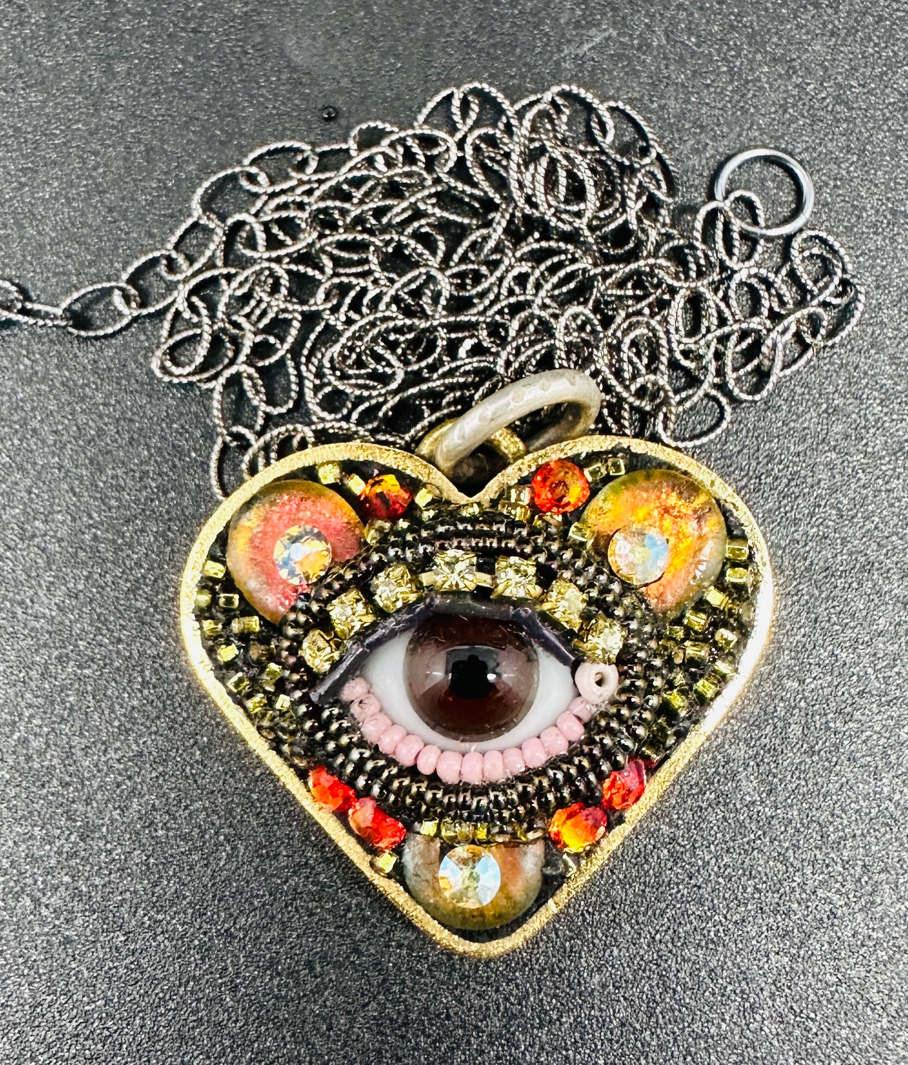 Small Eye Heart Pendant Necklace by Betsy Youngquist (brown)