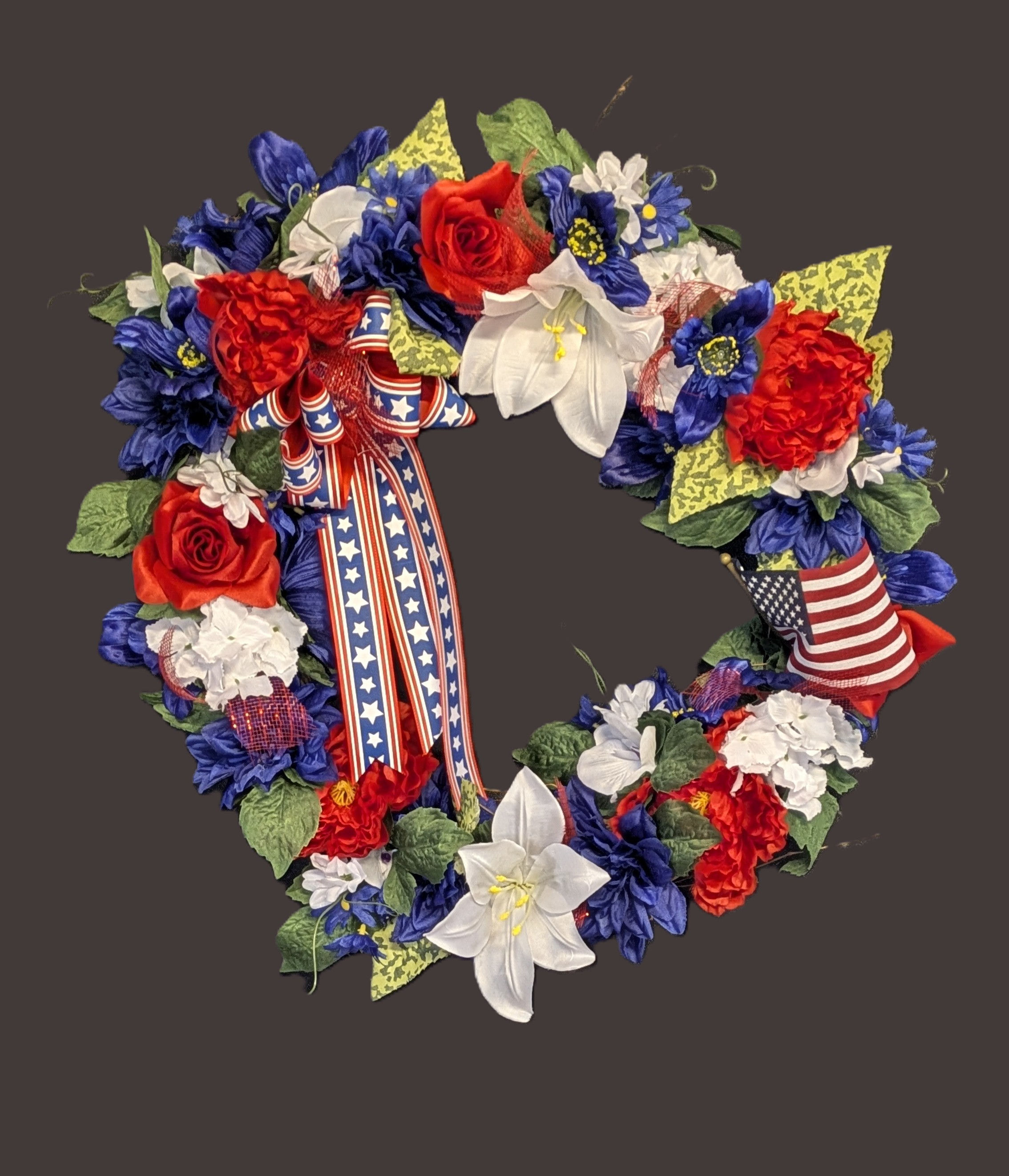 Red, White and Blue Flower Wreath with American Flag