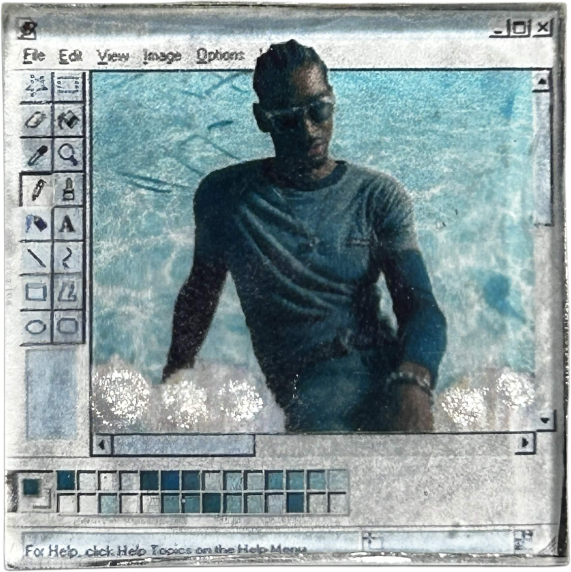SGA fan edit in a retro OS window frame, teal tropical water, Frutiger Aqua Webcore aesthetic.