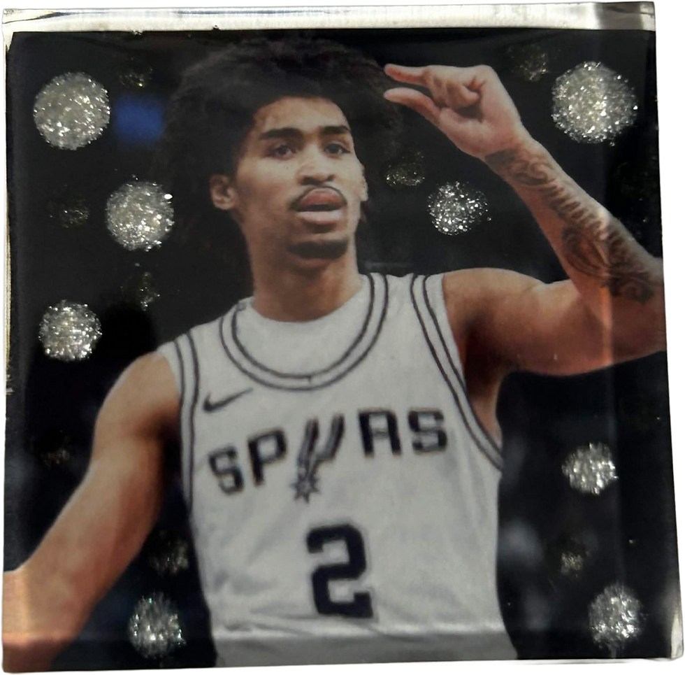 Resin magnet, Dylan Harper #2 San Antonio Spurs white jersey, too small gesture, silver glitter dots embedded in clear resin,