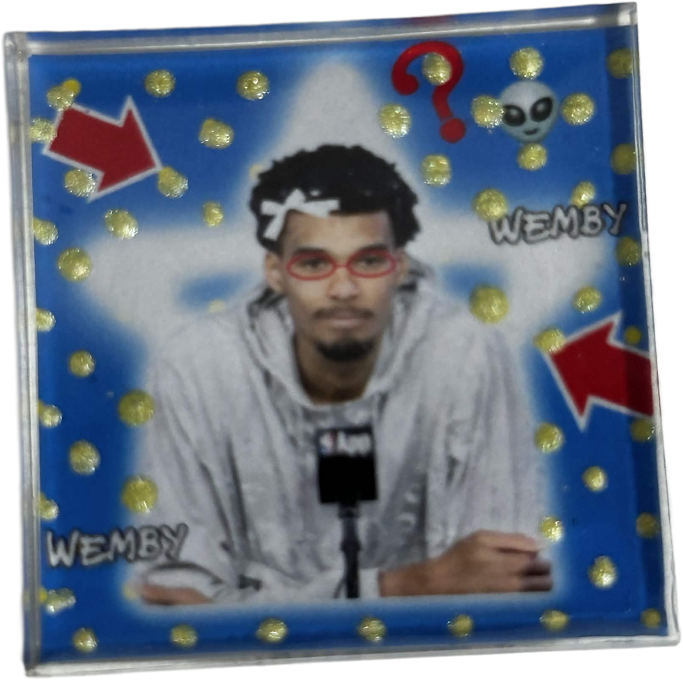 Wembanyama press conference red glasses blue background gold glitter dots red arrows alien emoji Wemby text resin magnet 33mm