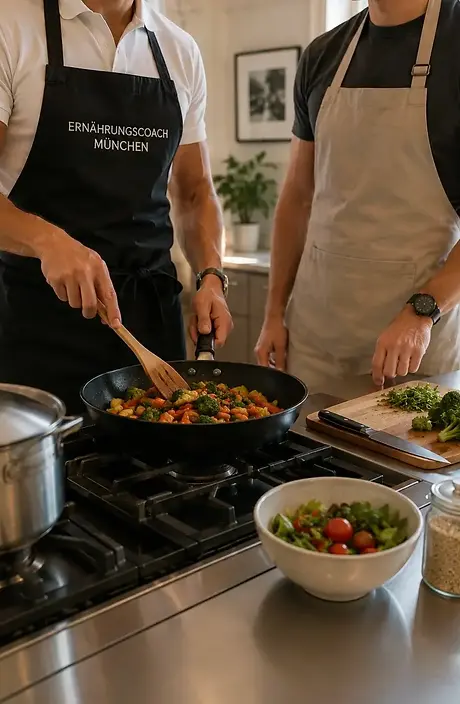 Ernährungscoach in München bereitet gemeinsam mit einem Kunden eine gesunde Mahlzeit in der Küche zu.