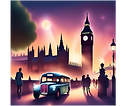 Cartoon Ai depiction of London at sunset showing a taxi
