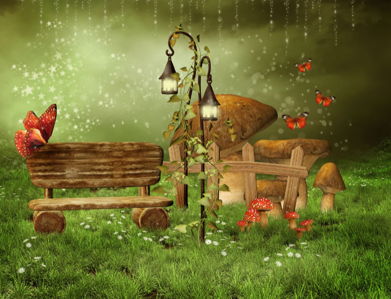 A picture of an Enchanted Garden with green grass and red mushrooms looking magical