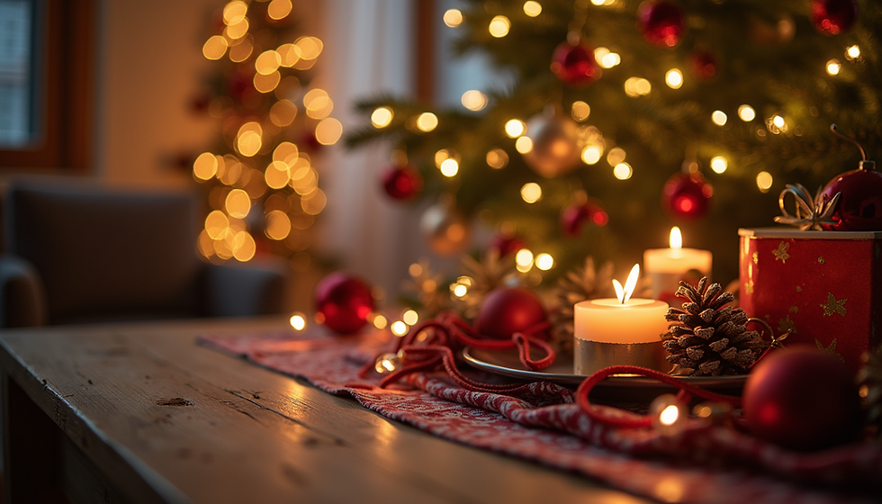 A cozy christmas scene with candles in the foreground