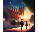 Cartoon Ai depiction of London at sunset walking passed a church