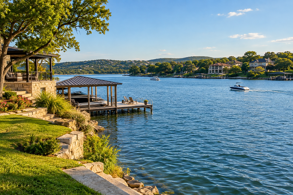Lake LBJ waterfront with boat docks and hillside homes in Texas