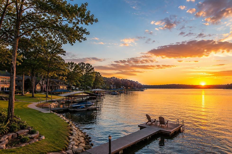 Lake Conroe TX waterfront sunset with lake houses and docks
