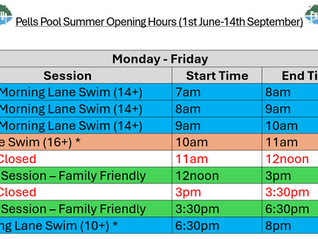 Pells Summer Opening Hours (June 1st - September 12th)