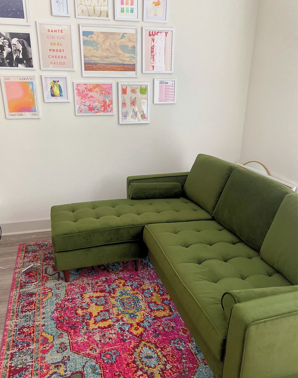 wall art | green couch | gallery wall | new apartment | bright pink rug
