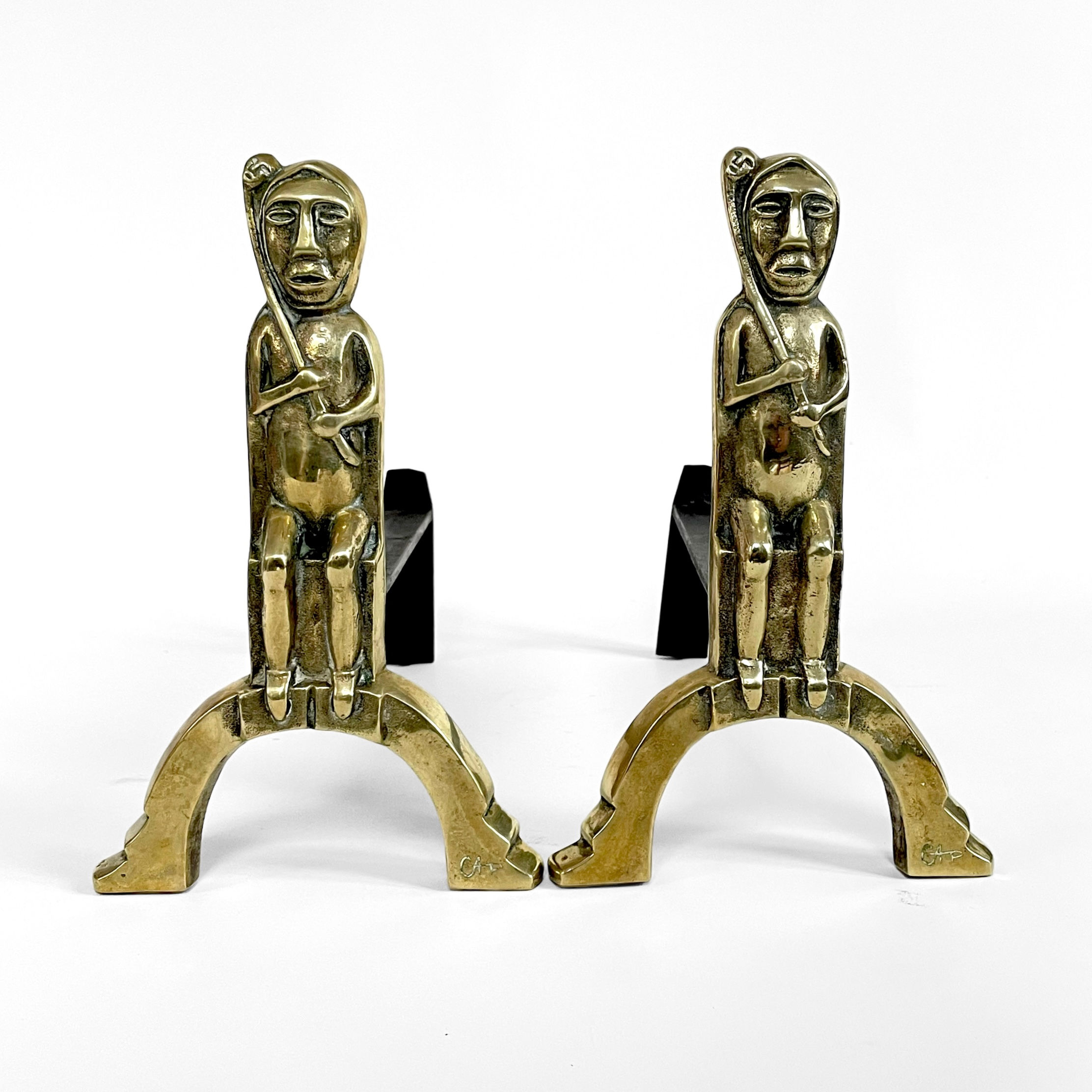 Pair of bronze andirons by Anton Prinner