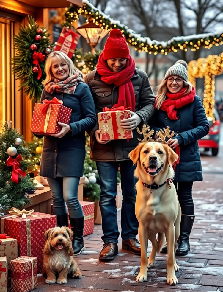 People in winter clothes hold gifts, standing with two dogs outdoors. Festive decor with lights and wreaths sets a joyful holiday scene.
