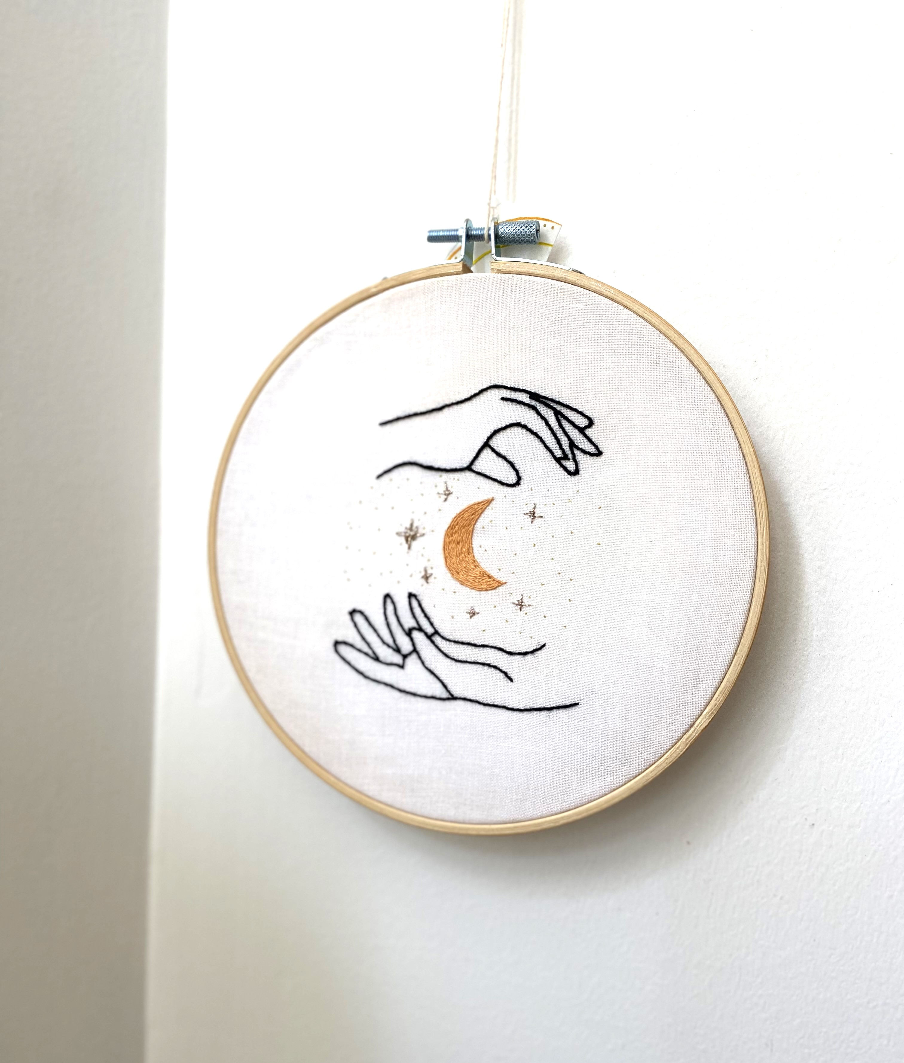 Hand and Moon Embroidery Art