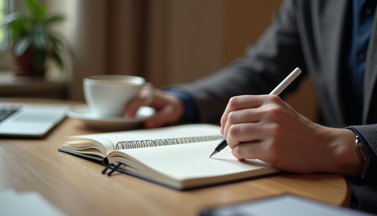 Eye-level view of a person writing in a journal on a wooden desk with a cup of coffee nearby