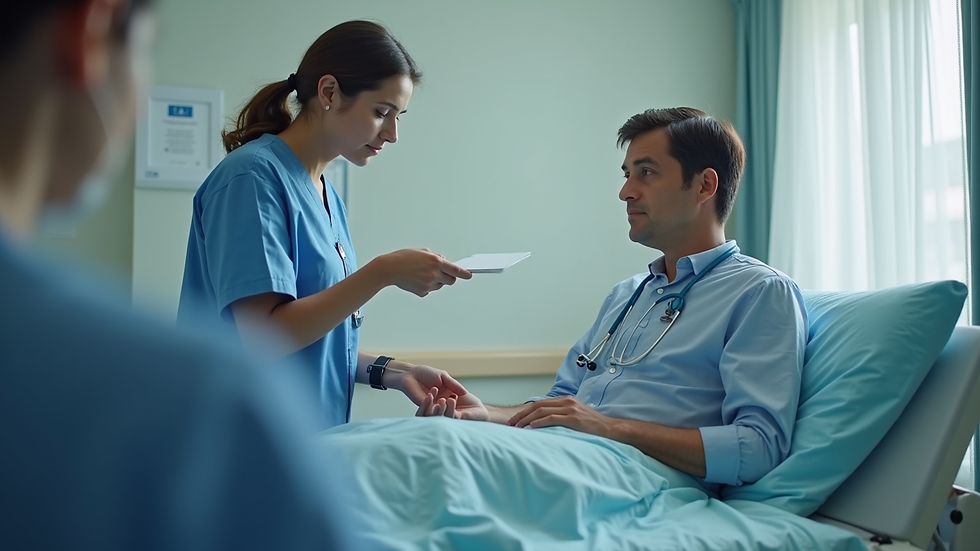 Close-up view of a medical interpreter assisting a patient in a hospital room