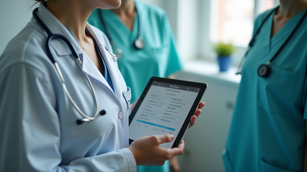 Close-up of a healthcare worker using a tablet with language interpretation software